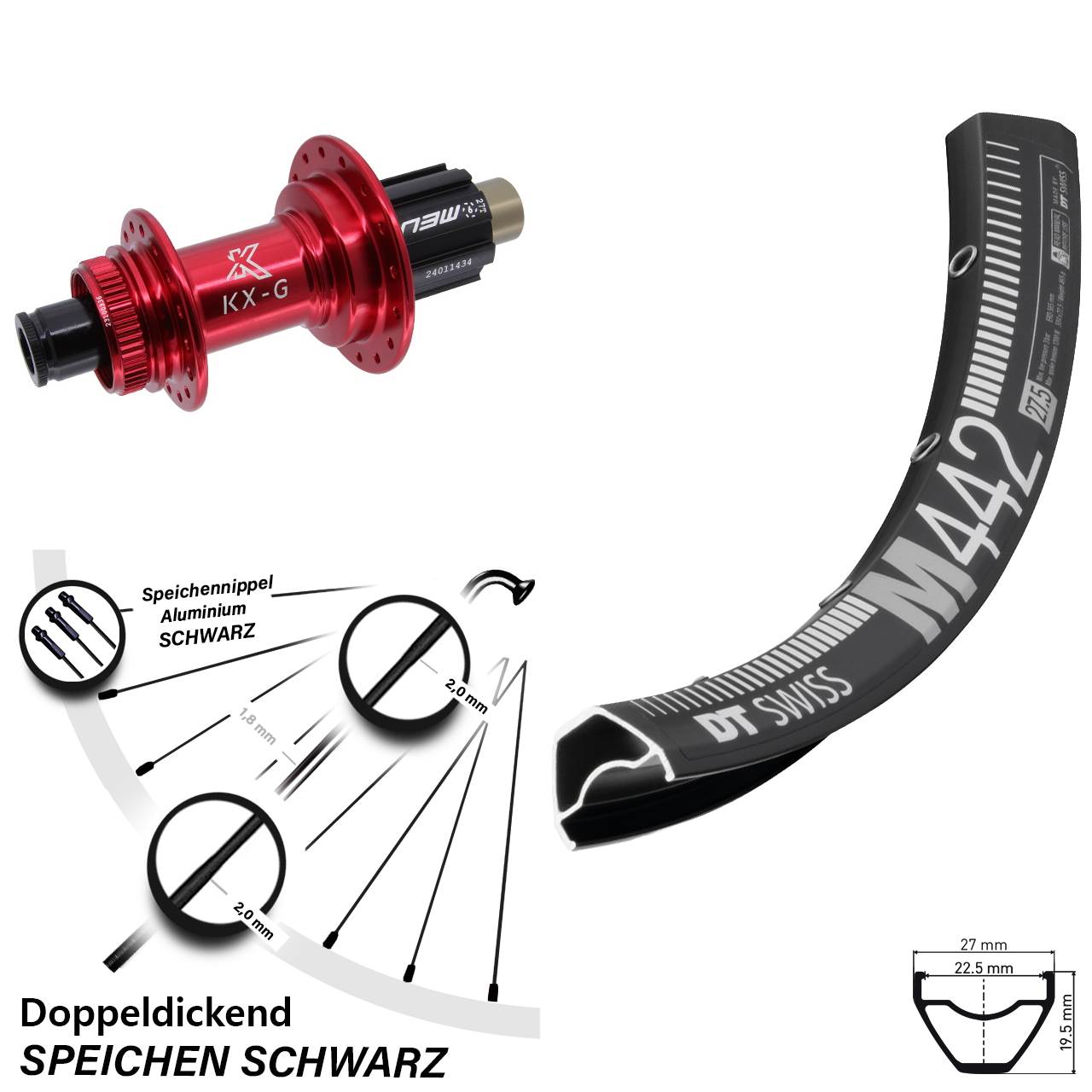 28 Zoll DT Swiss M 442 Hinterrad KX-G rot N3W 12x142