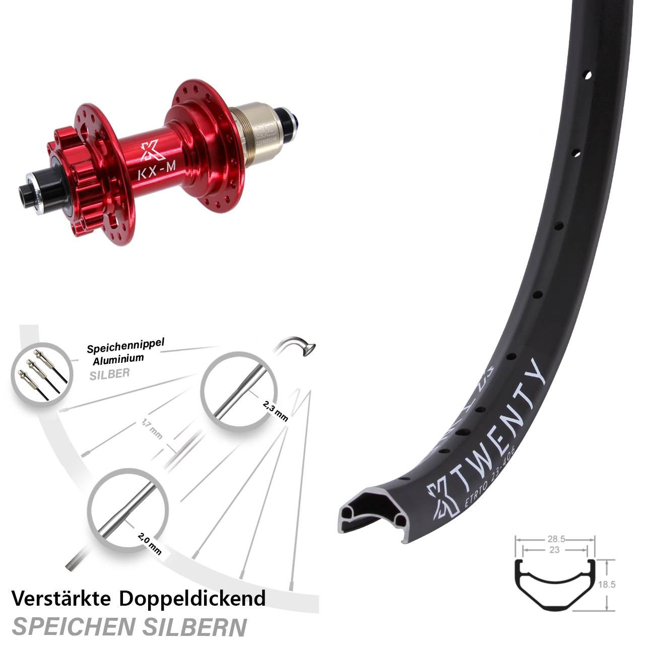 Hinterrad rote Nabe 6-Loch 20 Zoll KX-M Twenty SRAM XD für Schnellspanner