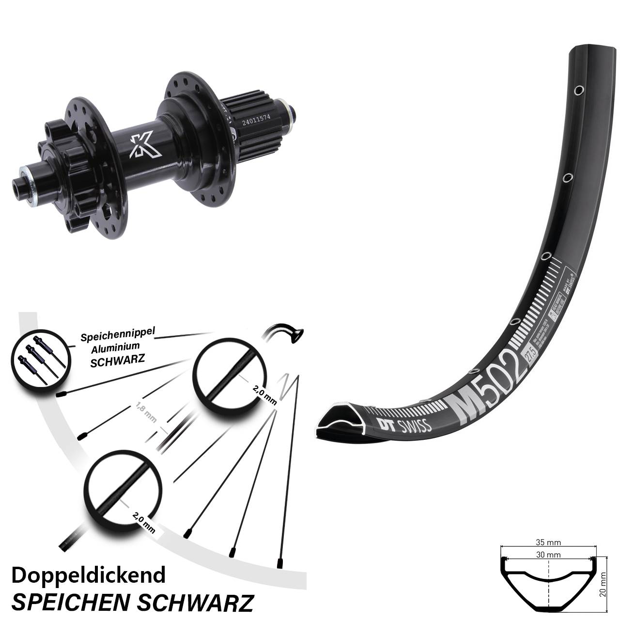 DT Swiss M502 KX-M 29 Zoll Disc Laufrad für Schnellspanner Shimano Micro Spline