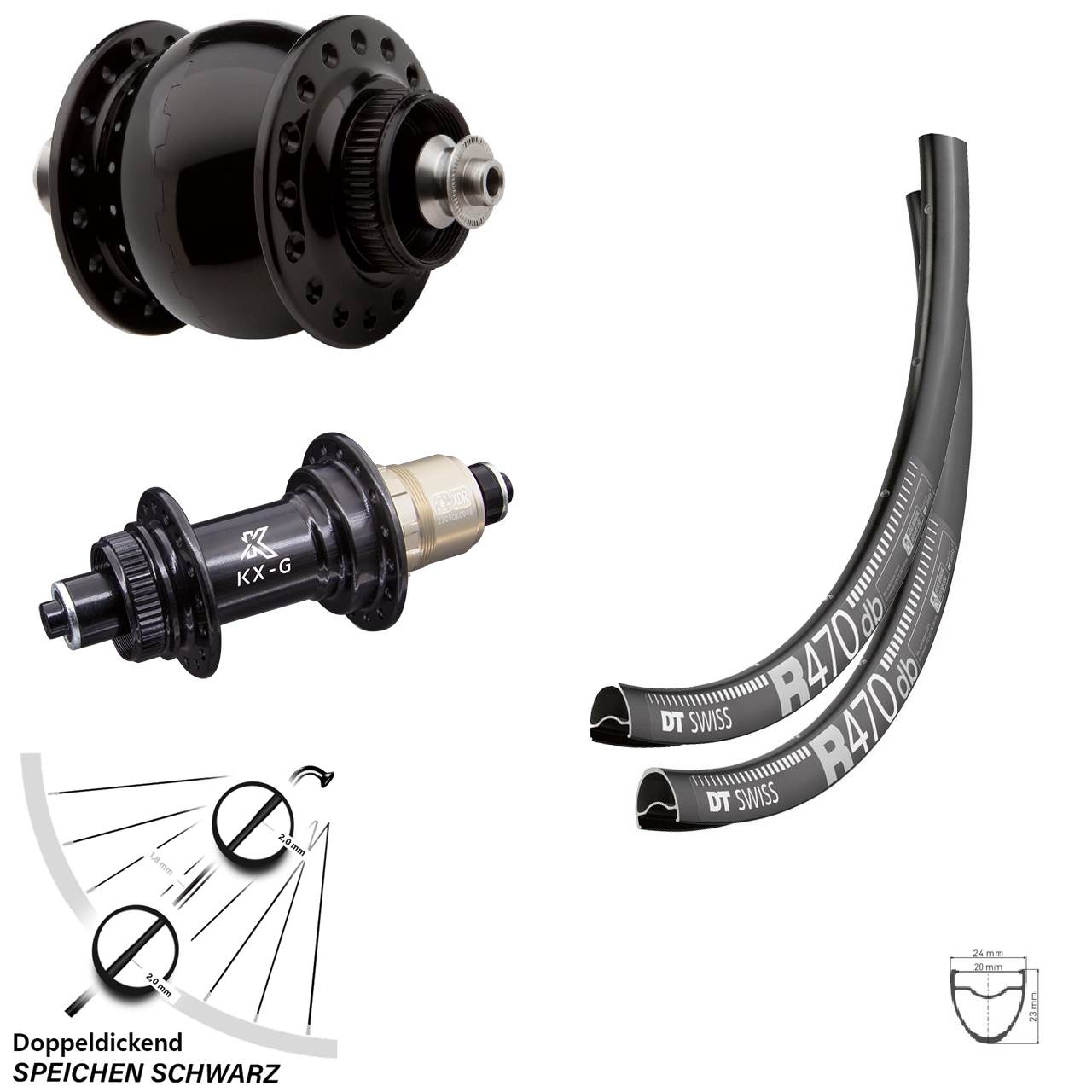 28 Zoll Laufradsatz Road Disc DT Swiss R 470 mit Nabe KX-G Sram XD-R Dynamo Son 28