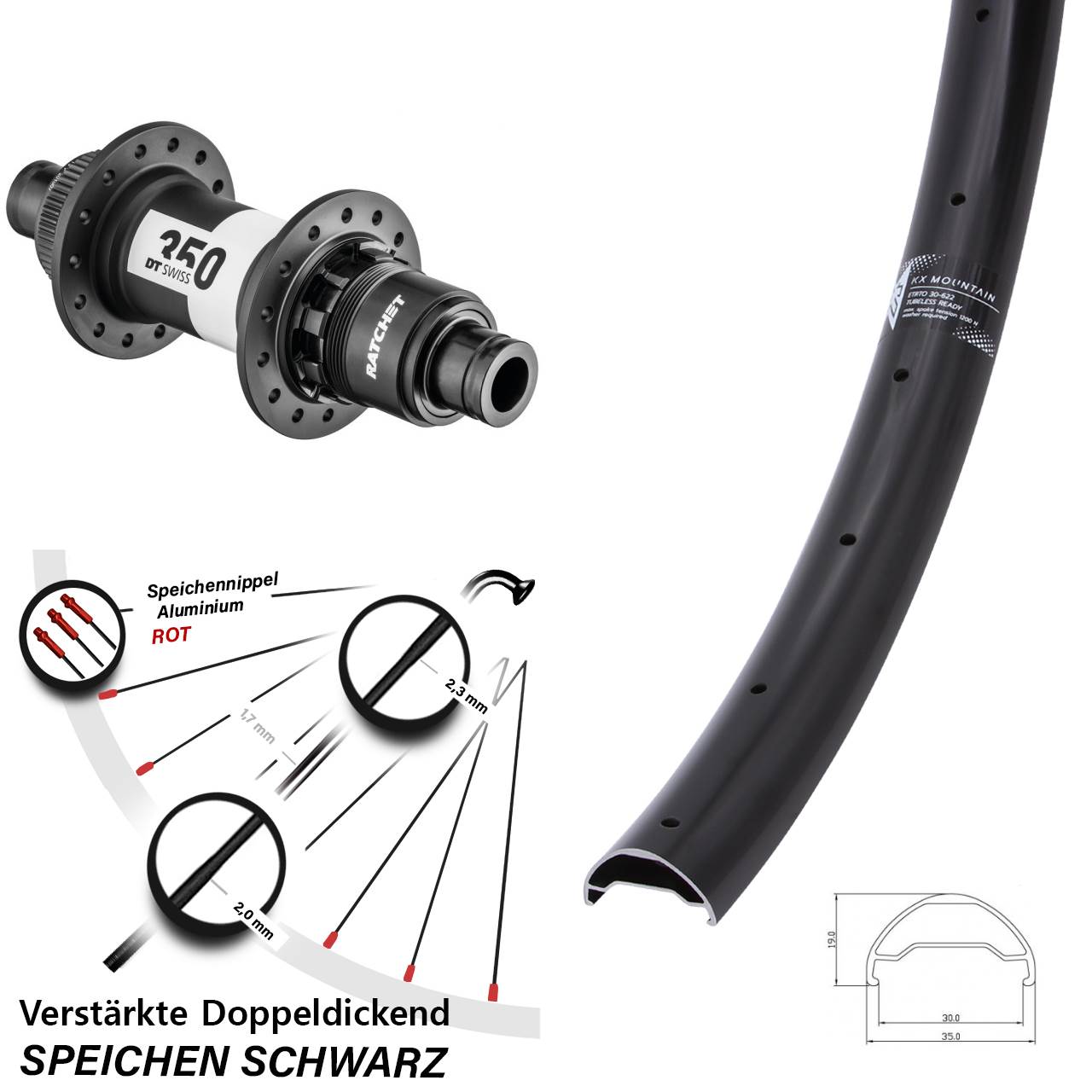 Centerl. Hinterrad 12x142 29 Zoll KX Mountain DT Swiss 350 CL SRAM XD