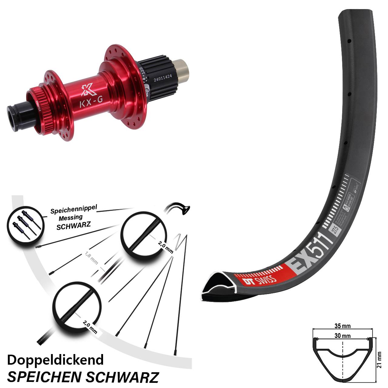 27,5 Zoll Hinterrad DT Swiss EX 511 KX-G rot Micro Spline 12x142