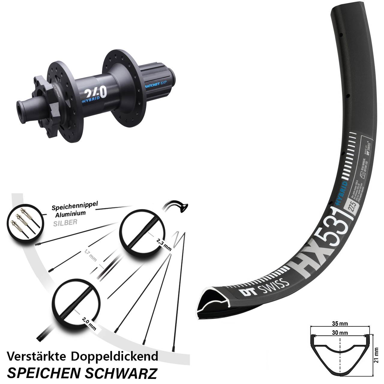 E-Bike Hinterrad 29 Zoll verstärkt HX 531 DT Swiss 240 Hybrid Boost 12x148 mm 11-fach