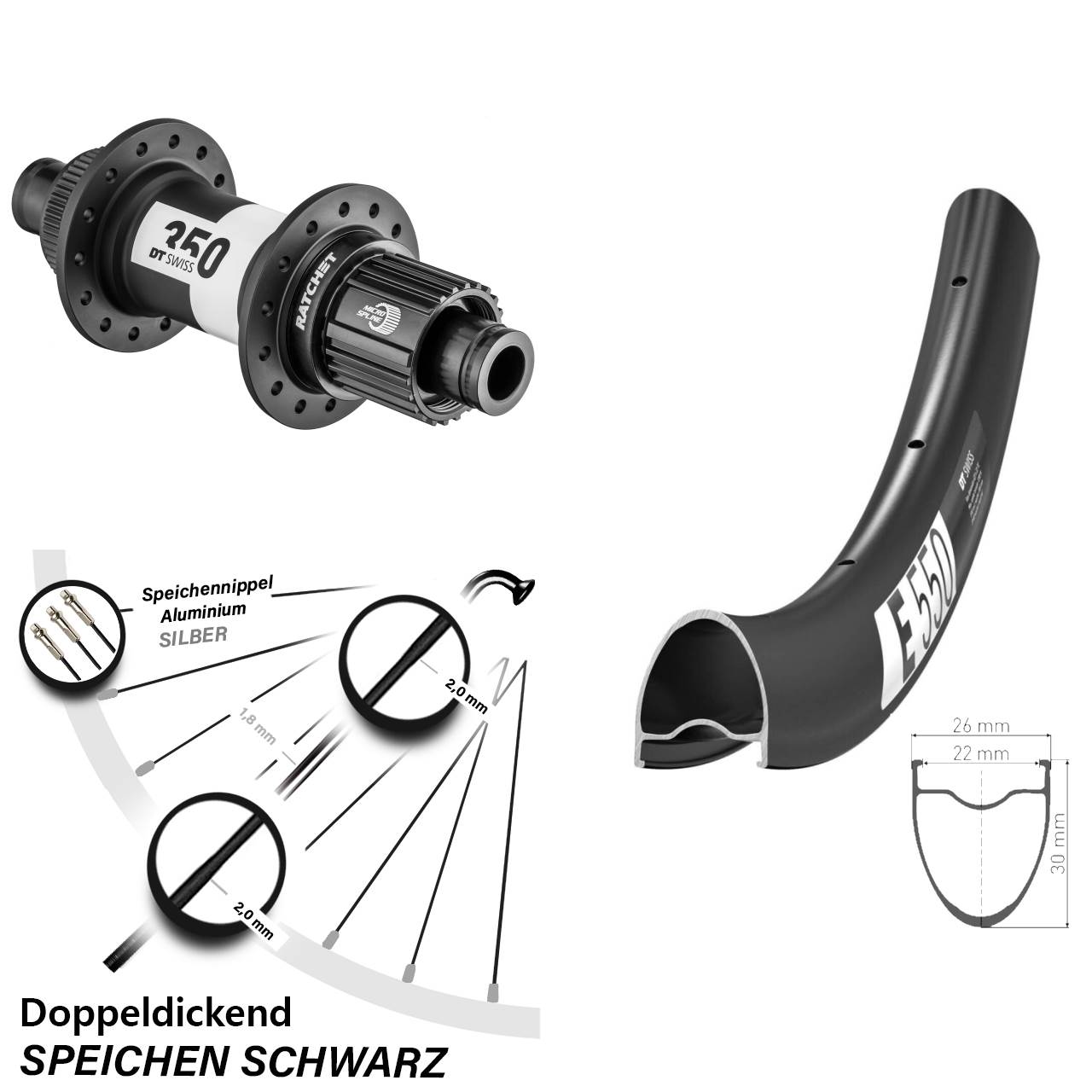 28 Zoll DT Swiss E550-350 Centerlock Hinterrad 12x142 Micro Spline