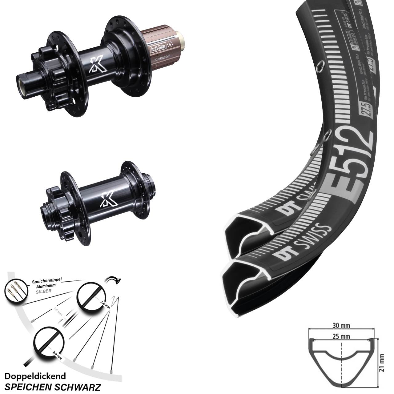 Laufradsatz 29 Zoll DT Swiss E 512 KX-M 6-Loch Disc Steckachse 15x100 12x142 mm 8-12 fach