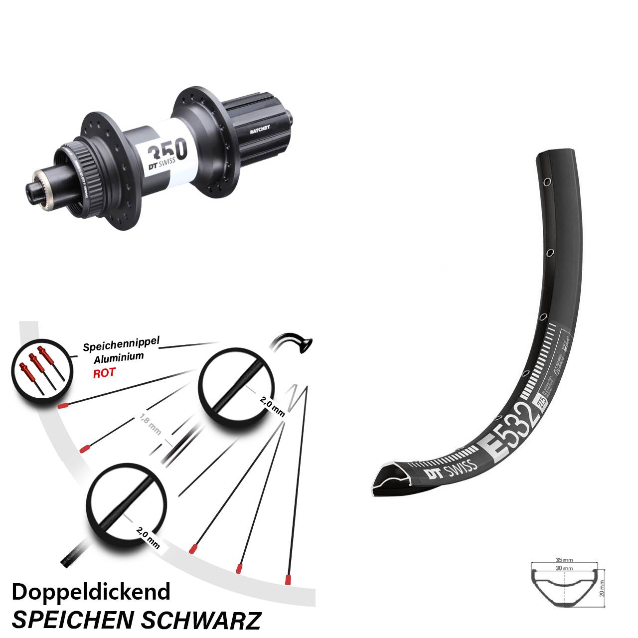 27,5 Zoll Hinterrad MTB Enduro Centerlock QR 5x135 mm 350 DT Swiss E 532 8-11 fach