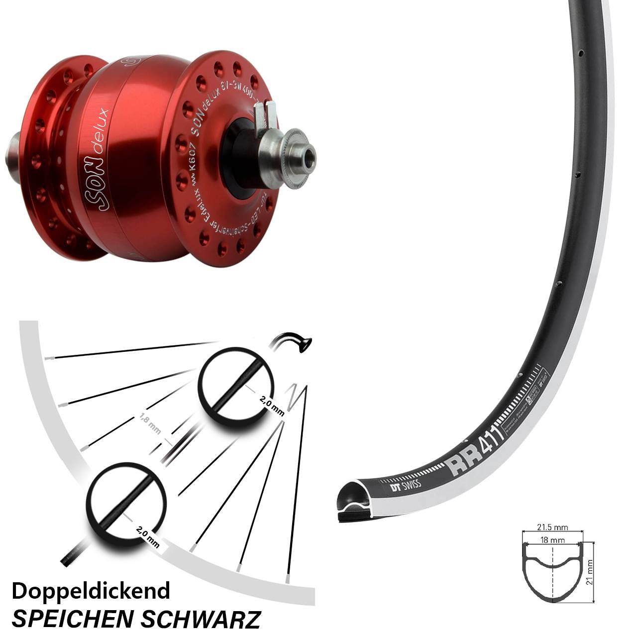 28 Zoll Fahrrad Nabendynamolaufrad DT Swiss RR 411 Son delux rot