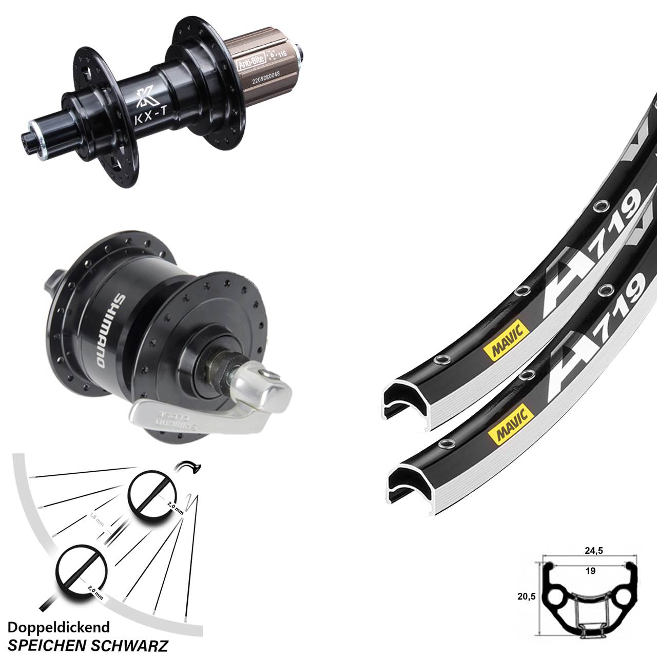 Mavic A719 KX-T Shimano DH-3N72 28 Zoll Laufradsatz für Schnellspanner 8-11 fach HG
