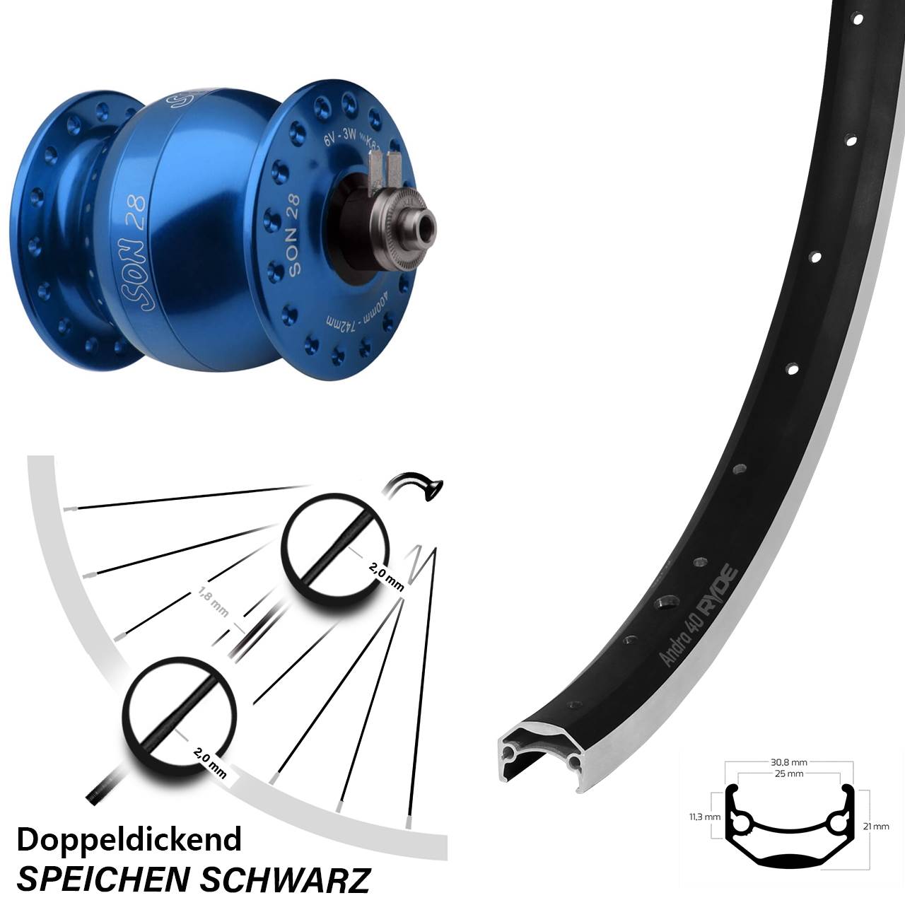 blauer Son 28 Zoll Nabendynamo Vorderrad Ryde Andra 40