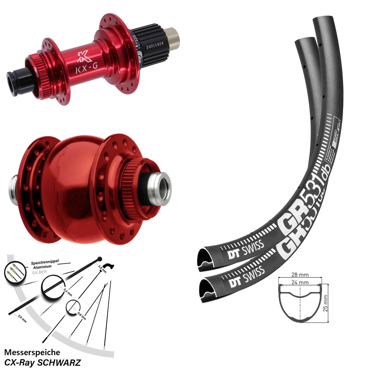 Disc Laufrad-Satz 12x100/142 29 Zoll DT Swiss GR531 KX-G rot SON 28 Micro Spline CX-Ray
