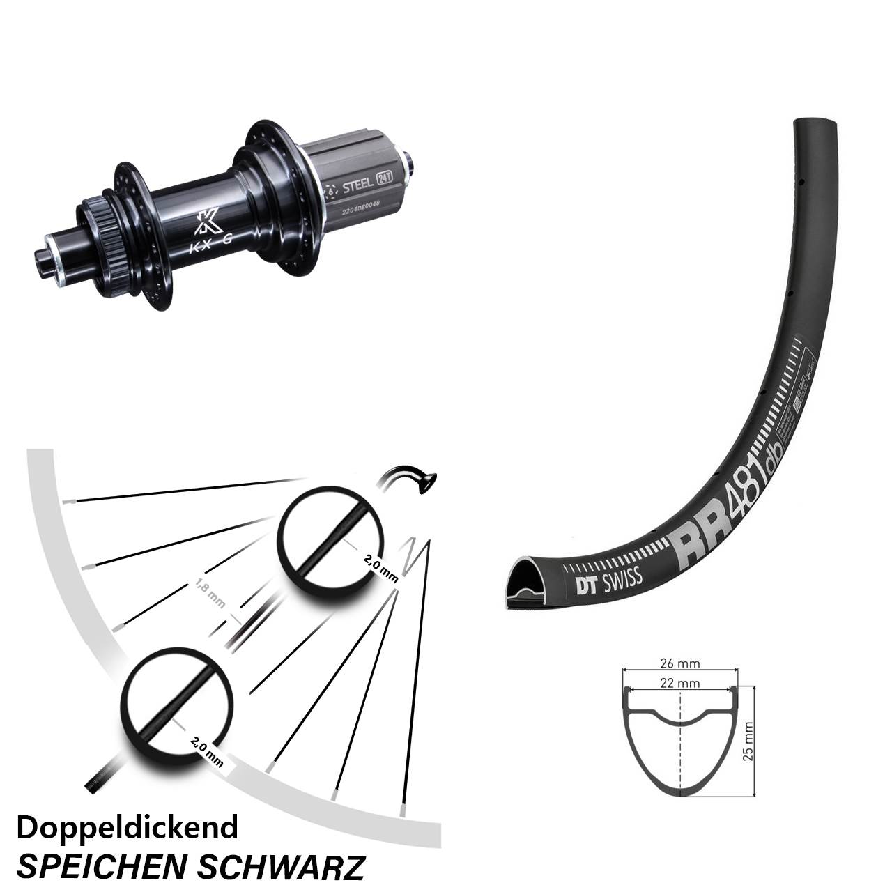 28 Zoll DT Swiss RR 481 Hinterrad KX-GS 8-12 fach