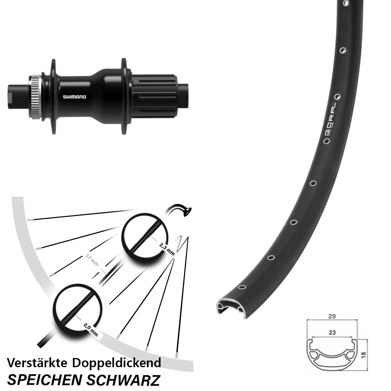 Hinterrad Centerlock 28-29 Zoll Gora 23 Shimano FH-TC500-B 8-11 fach HG 12x148 Boost