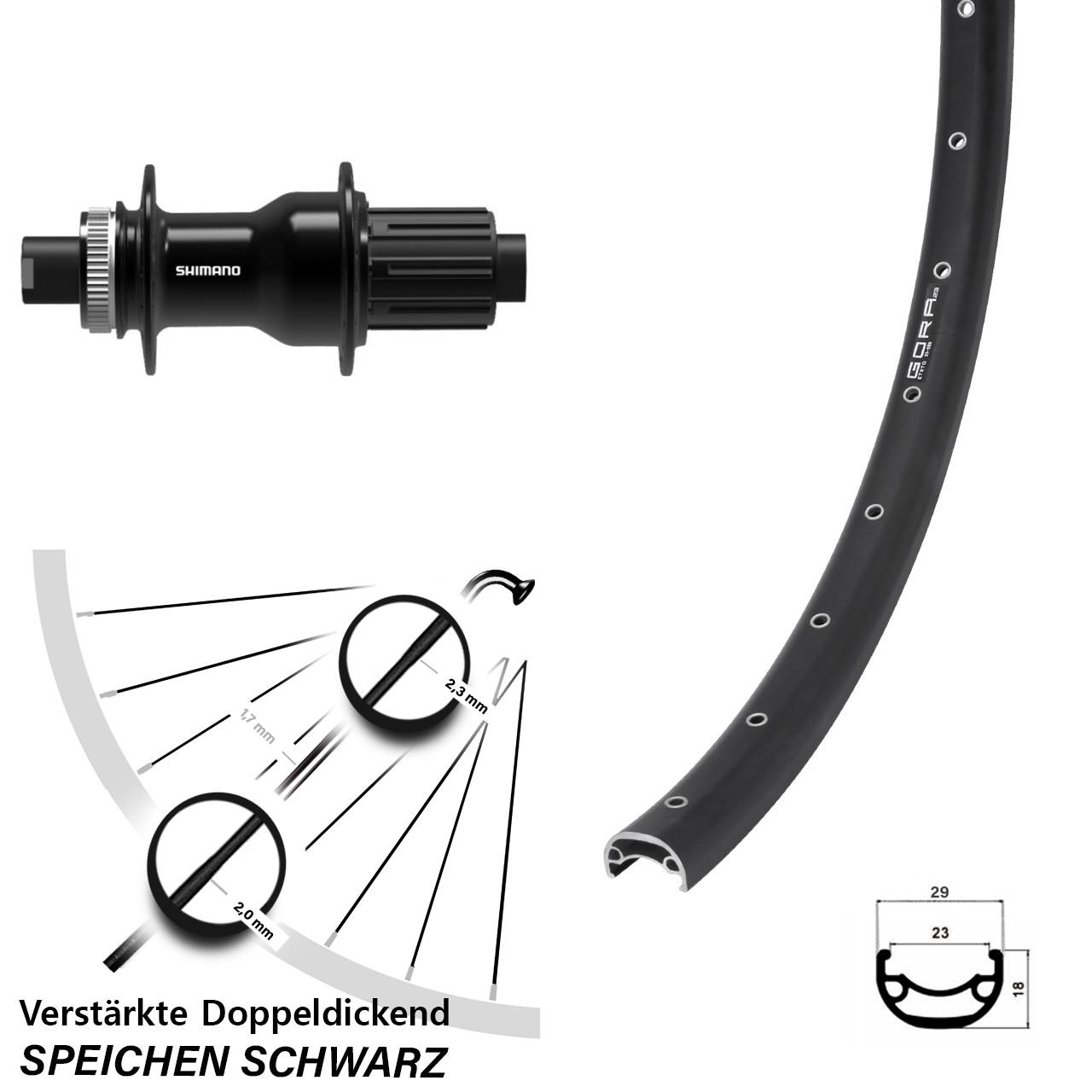 Hinterrad Centerlock 28-29 Zoll Gora 23 Shimano FH-TC500-B 8-11 fach HG 12x148 Boost