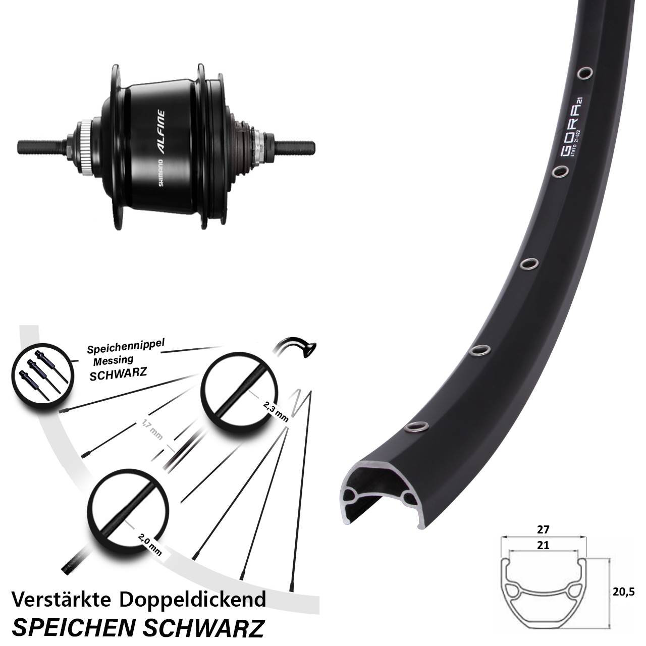 28 Zoll Shimano Alfine 8 Gang Gora 21 Hinterrad schwarz