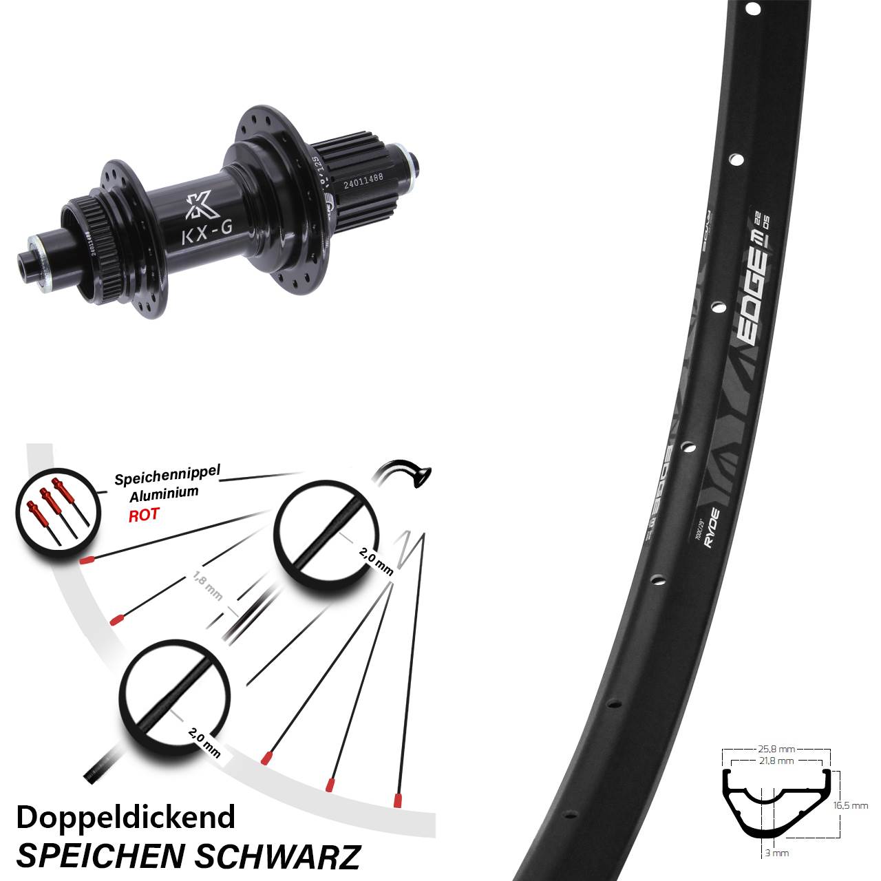 Ryde Edge M22 28 Zoll Hinterrad KX-G Micro Spline