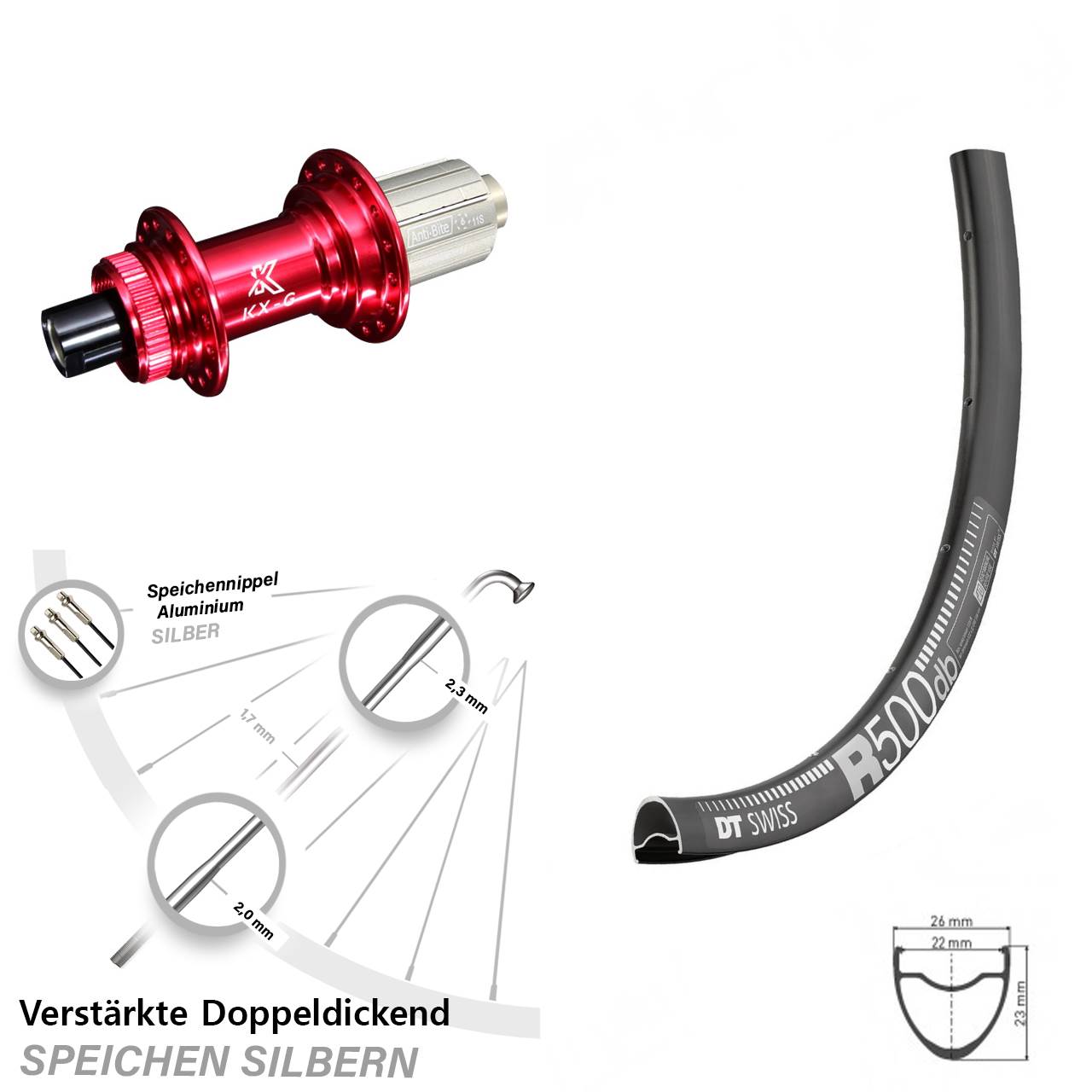 28/29Zoll Hinterrad DT Swiss R500 Road Disc Nabe KX-G rot 12x142 mm 8-12 fach Disc