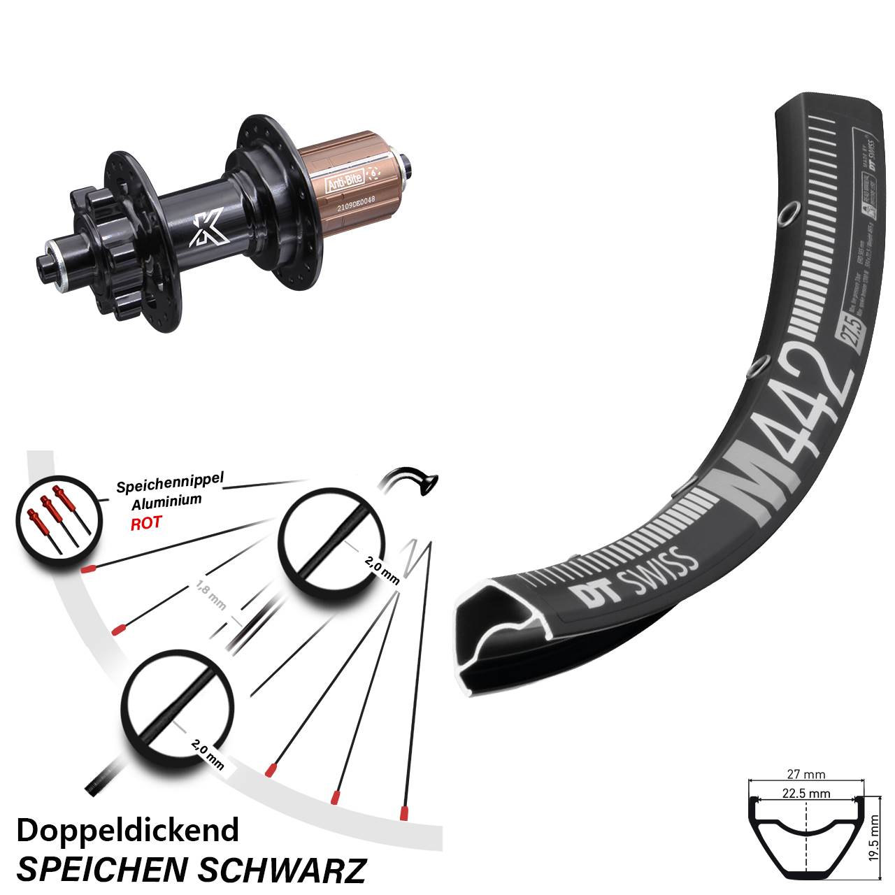 29 Zoll Hinterrad KX-M schwarz 6-loch 8-12 fach DT Swiss M 442 Schnellspanner
