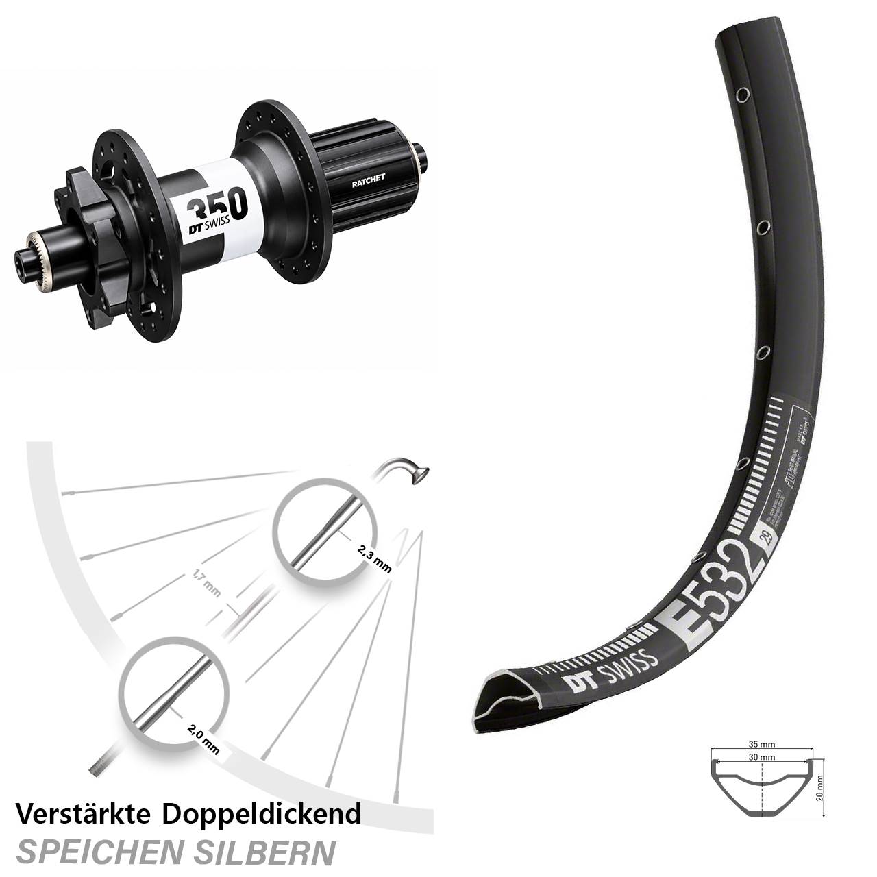 6-Loch Hinterrad 29 Zoll DT Swiss E 532-350 Ratchet 36 8-11 fach HG QR