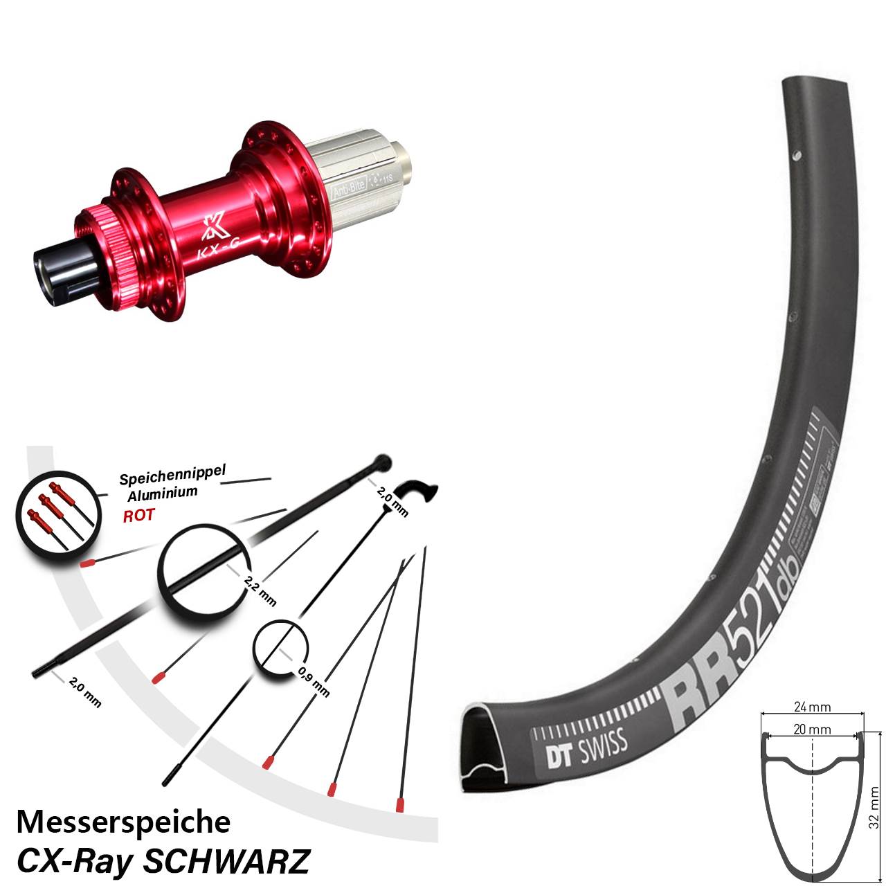 DT Swiss RR521 KX-G rot 28 Zoll Disc Laufrad 12x142 CX-Ray 8-12 fach