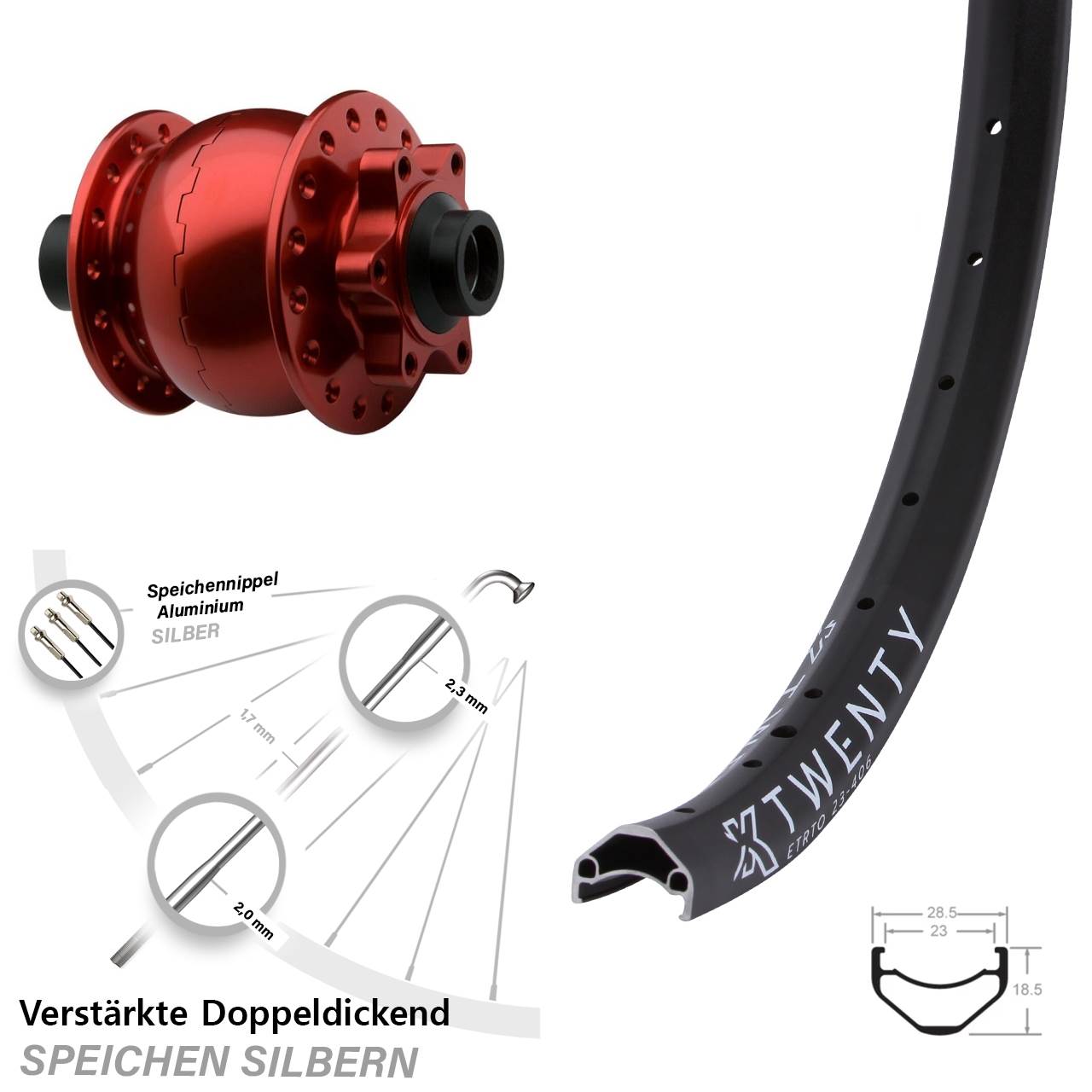 20 Zoll Nabendynamo rot verstärkt Vorderrad KX Twenty Disc 6-Loch Steckachse 15x100mm