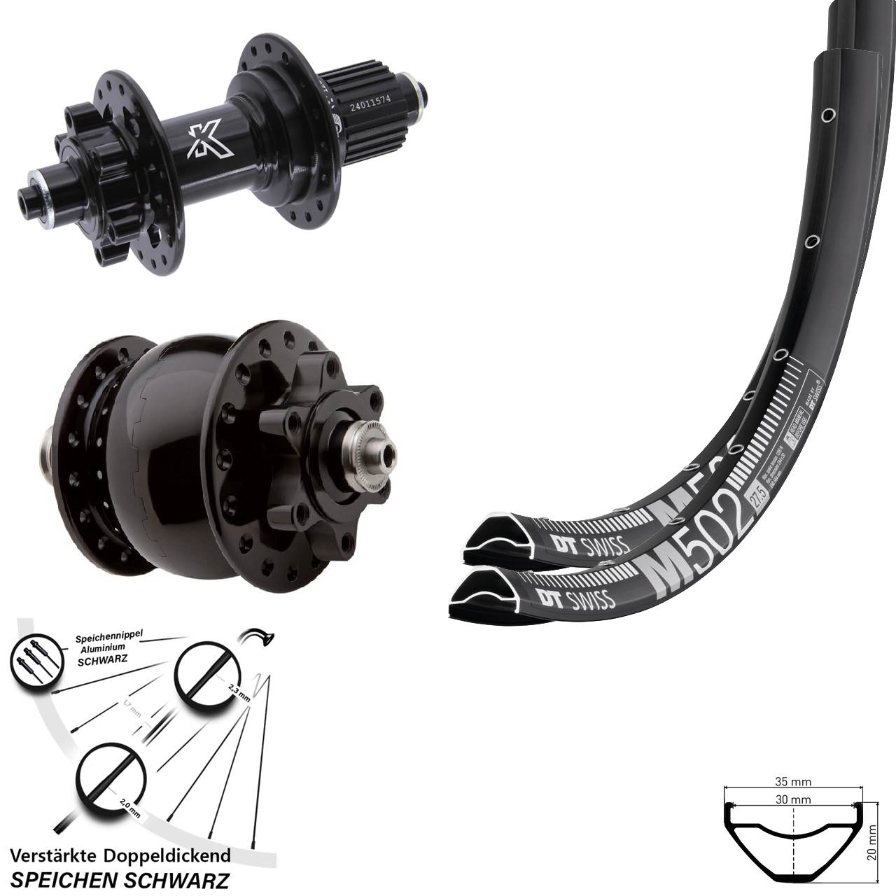 Laufradsatz 6-Loch 27,5 Zoll DT Swiss M 502 KX-M SON 28 Micro Spline QR