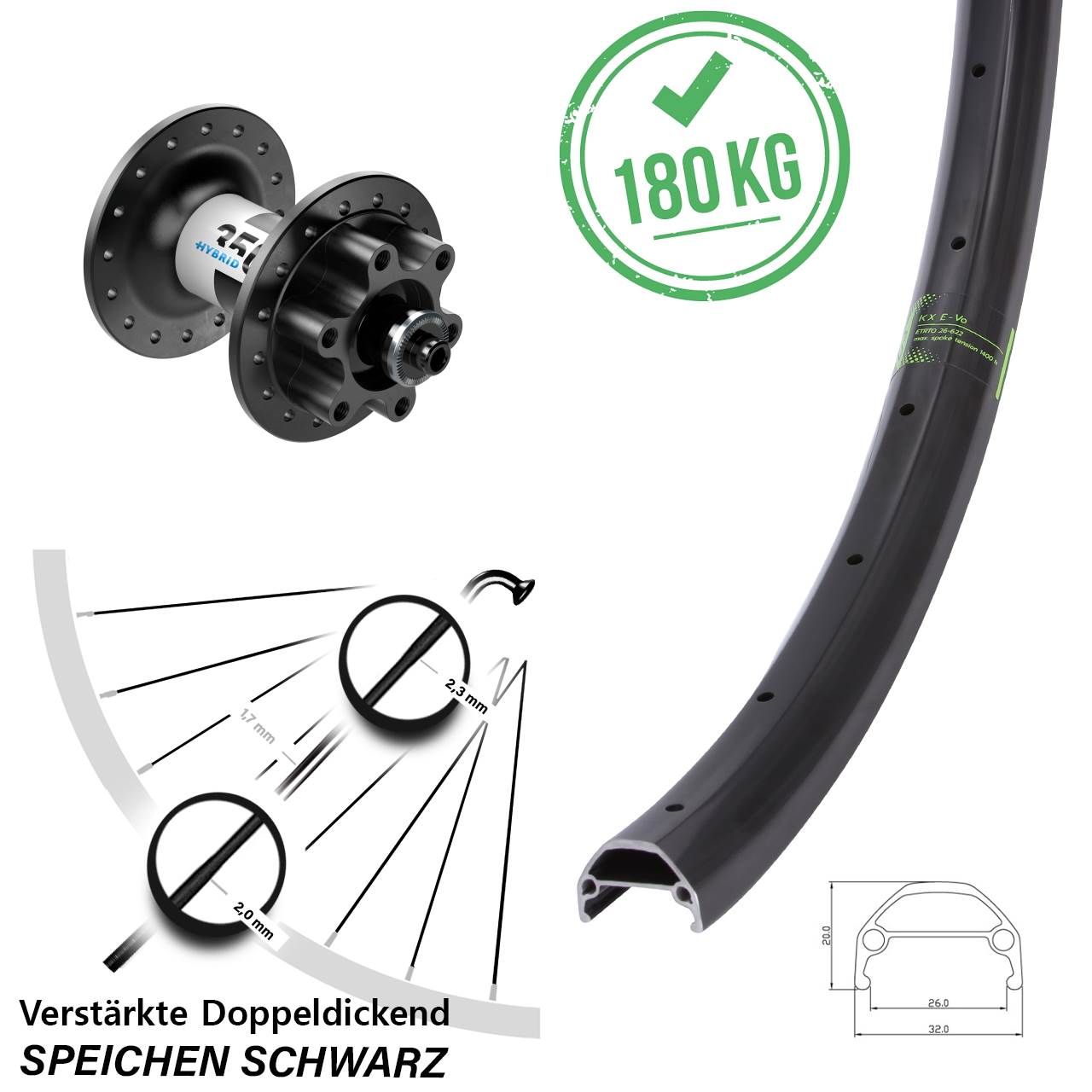 20 Zoll KX Evo DT Swiss Hybrid 350 Vorderrad 6-Loch für Schnellspanner