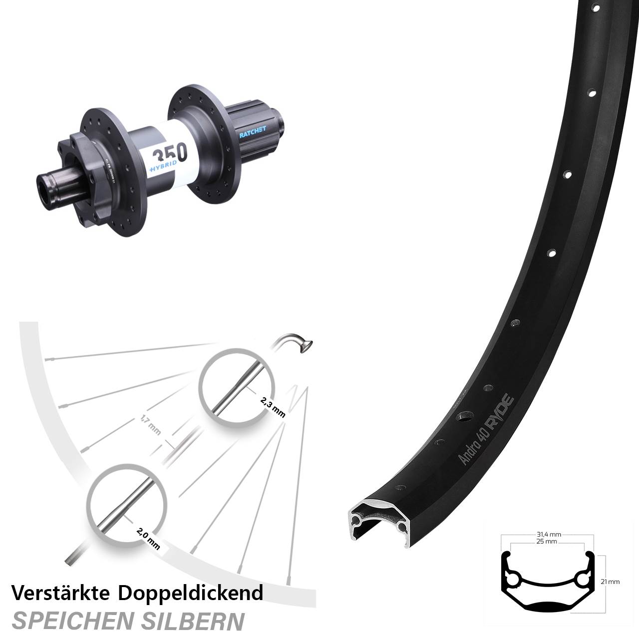 Disc Hinterrad 20 Zoll Ryde Andra 40 DT Swiss 350 Hybrid 8-11 fach HG 12x148 Boost
