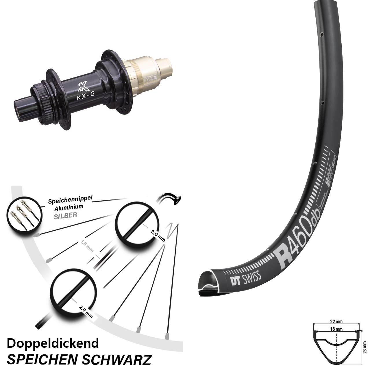 DT Swiss R 460 DB Hinterrad 28 Zoll mit KX-G Nabe Steckachse 12x142 mm Sram XD-R 12-fach
