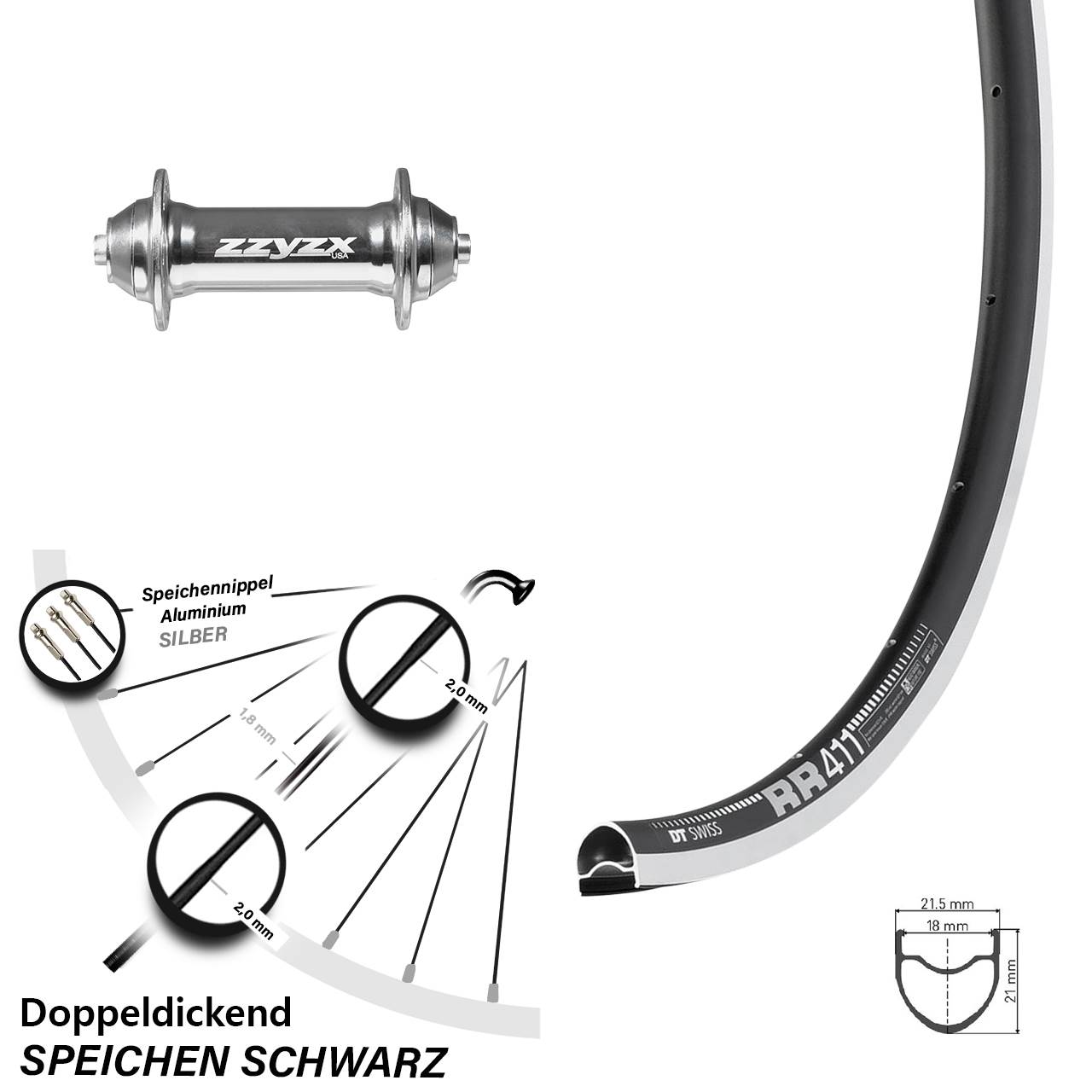 DT Swiss RR 411 Vorderrad 28 Zoll Formula ZZYZX TS 91 silbern
