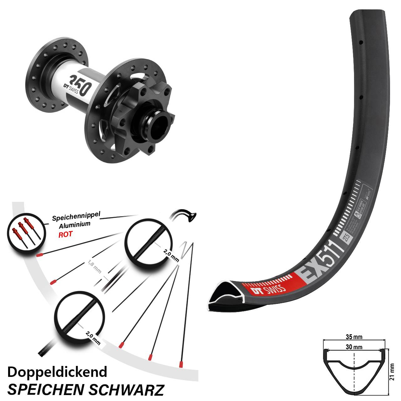 Vorderrad 6-Loch 27,5 Zoll DT Swiss EX 511-350 15x110 Boost