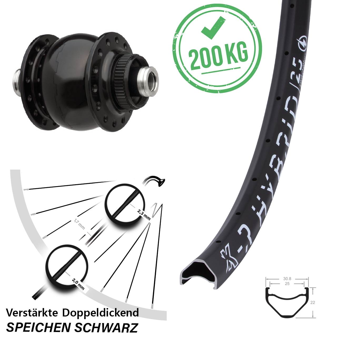 SON 28 KX-R Hybrid 25 27,5 Zoll Disc Laufrad mit Nabendynamo 12x100