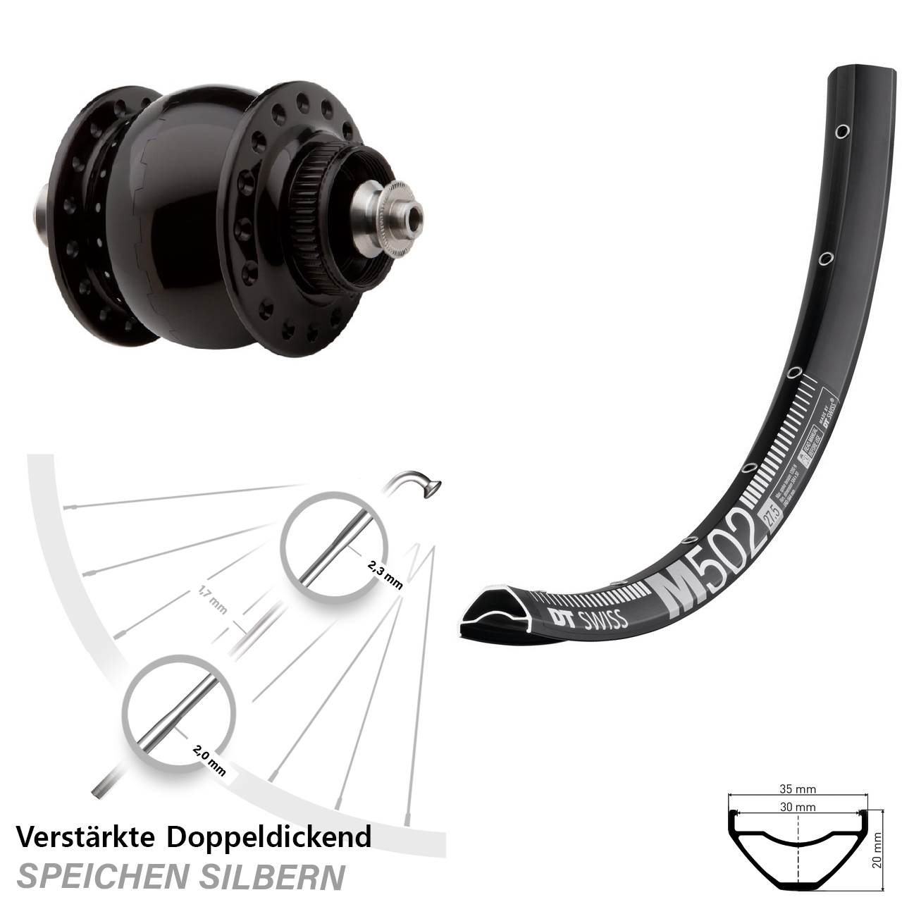 SON delux DT Swiss M 502 27,5 Zoll Nabendynamovorderrad Centerlock QR