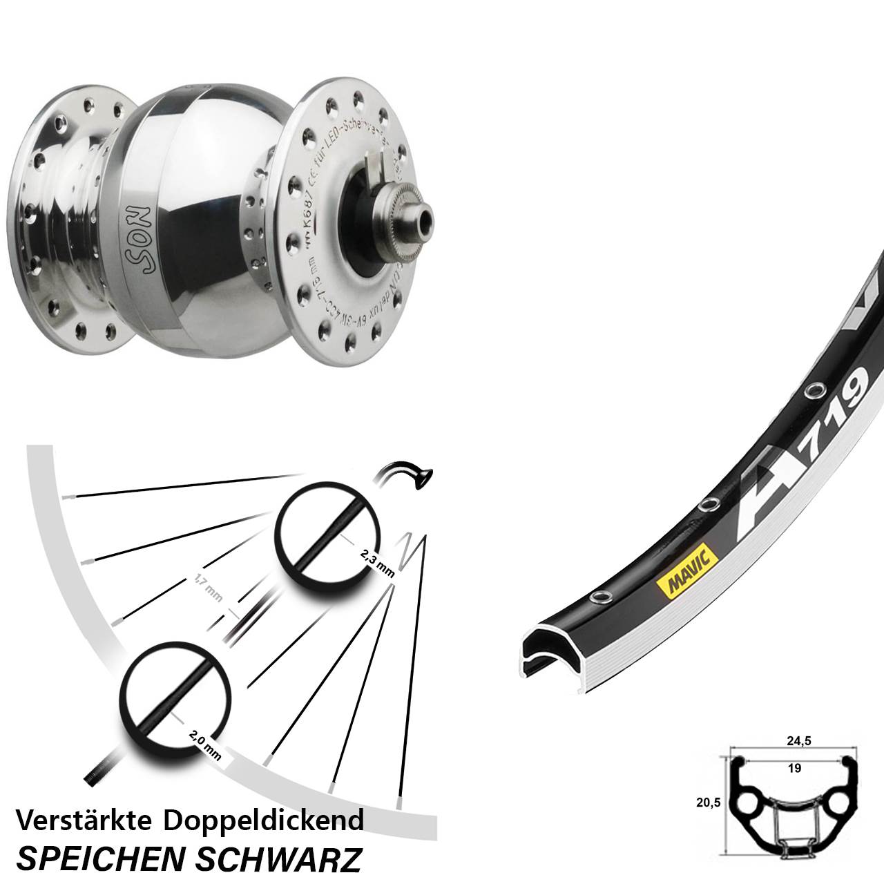 Nabendynamolaufrad 28 Zoll Mavic A 719 SON delux wide body für Schnellspanner