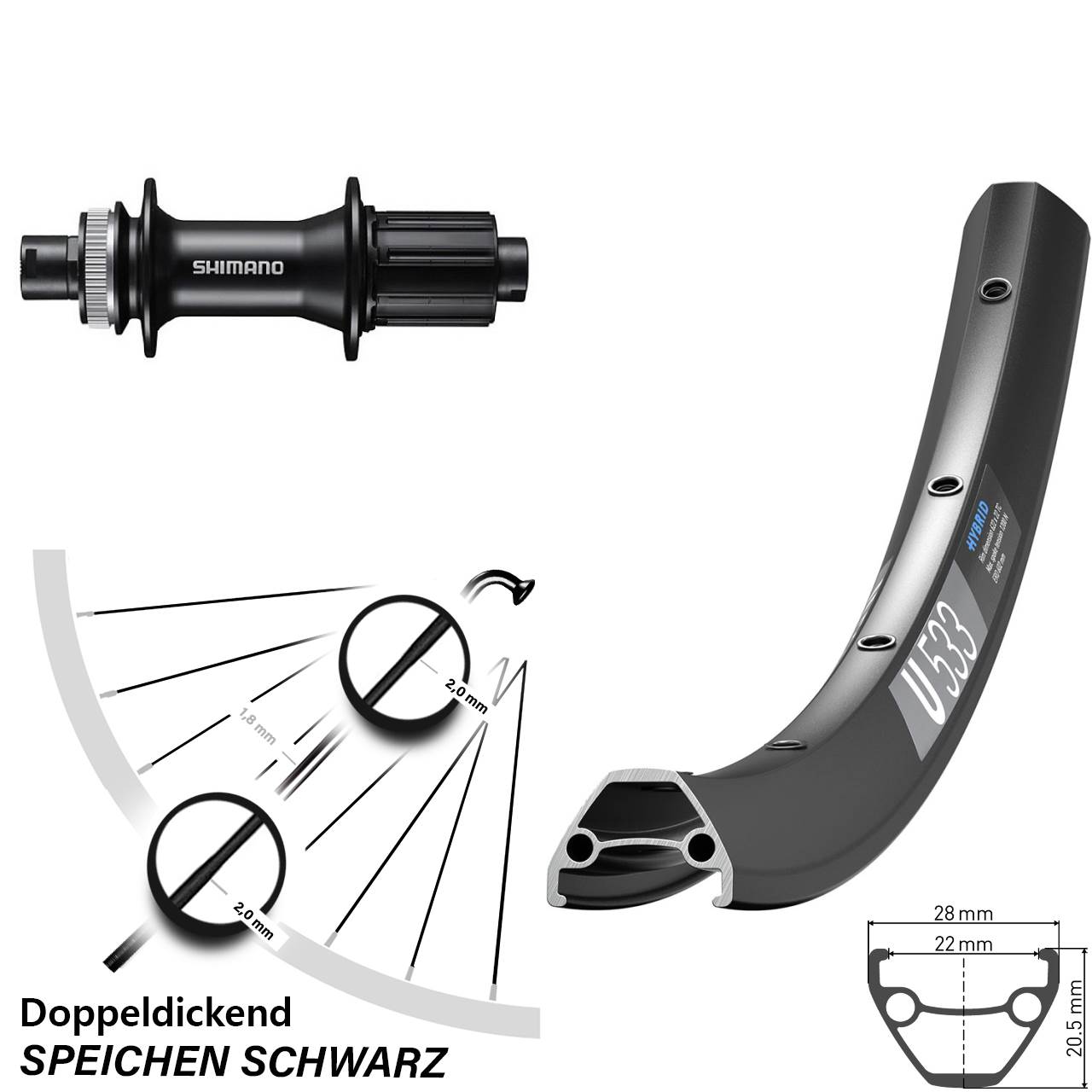 27,5 Zoll DT Swiss U533 Shimano FH-MT400 Disc Hinterrad 12x142 8-11 fach HG