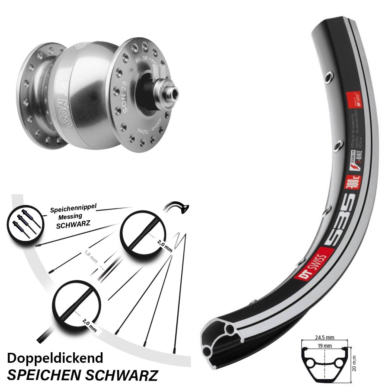 Vorderrad mit Nabendynamo 26 Zoll DT Swiss 535 SON 28 silbern QR