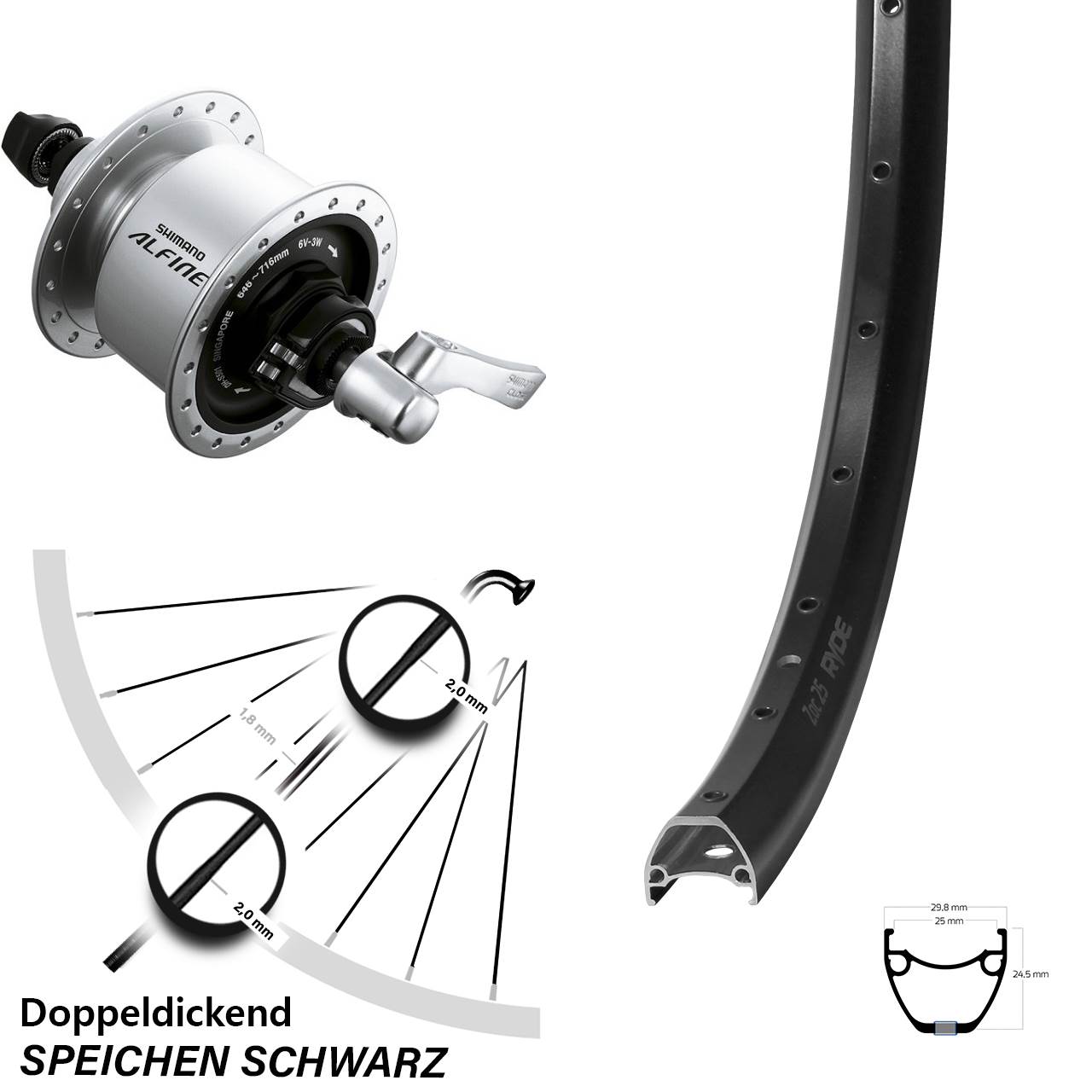 28-29 Zoll Ryde ZAC 25 Shimano Alfine DH-S501 Disc Nabendynamovorderrad QR
