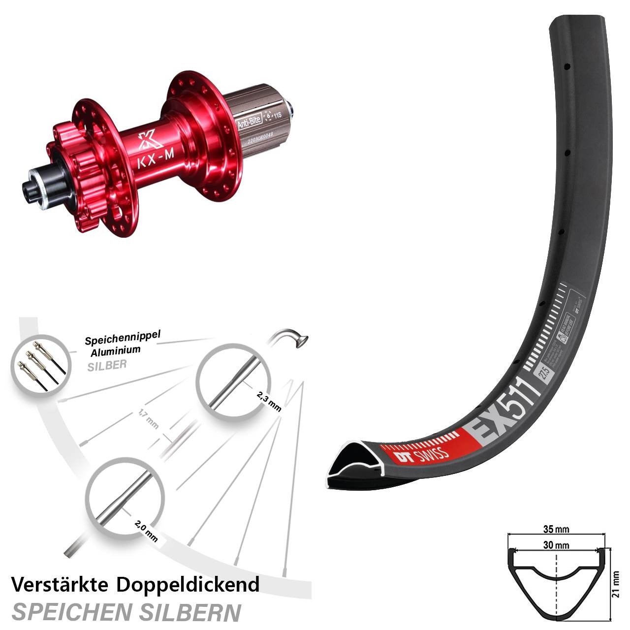 6-Loch Hinterrad für Schnellspanner 29 Zoll DT Swiss EX511 KX-M rot 8-12 fach