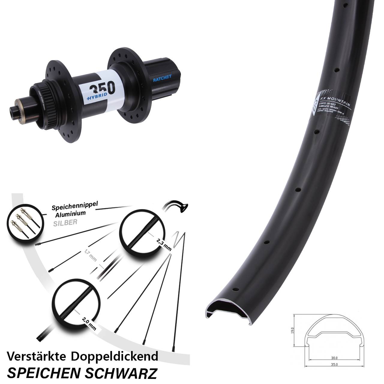 29 Zoll KX Mountain DT Swiss 350 Hybrid Disc Laufrad für Schnellspanner Boost 8-11 fach HG