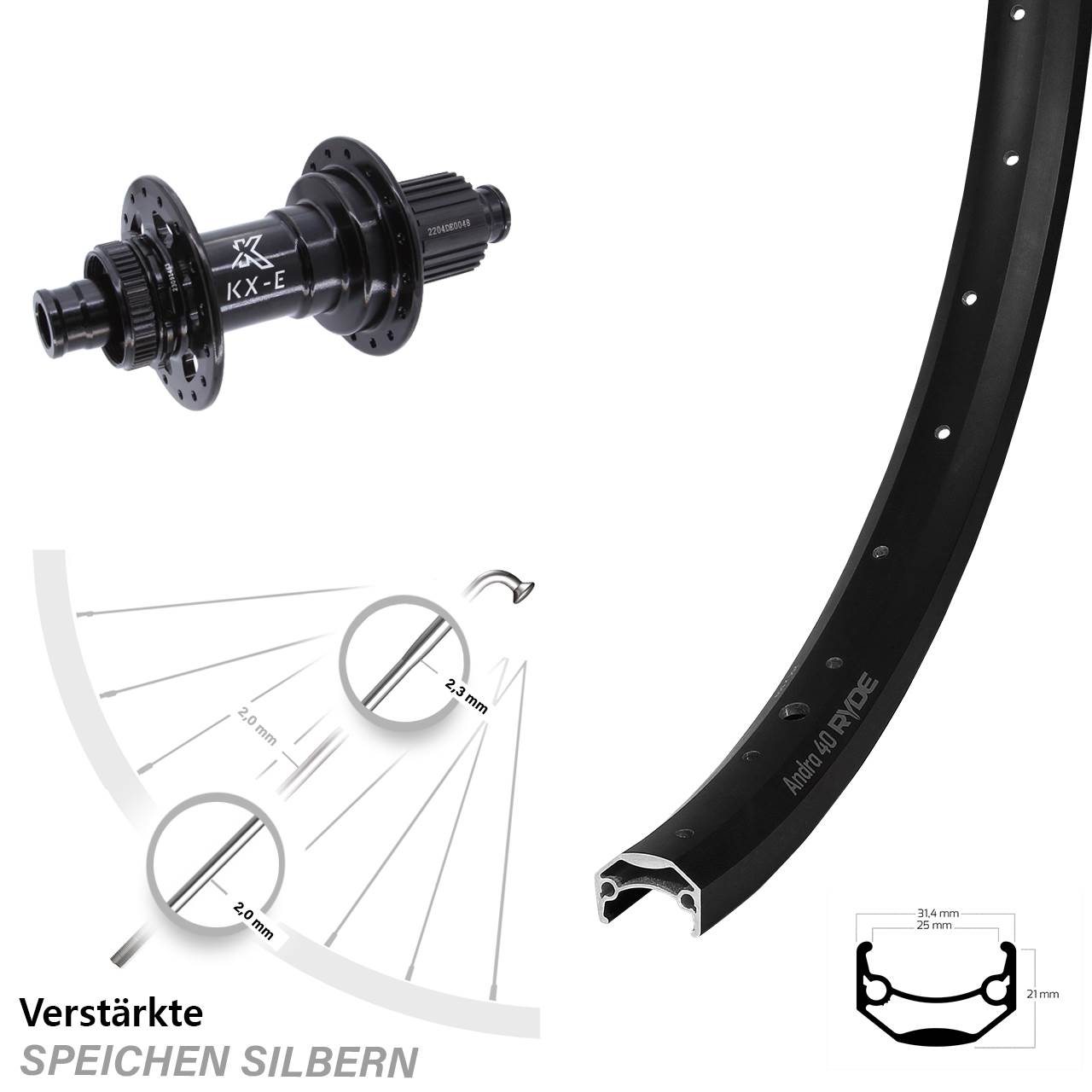 Laufrad 27,5 Zoll Ryde Andra 40 Disc KX-E Centerlock 12/148 Micro Spline schwarz