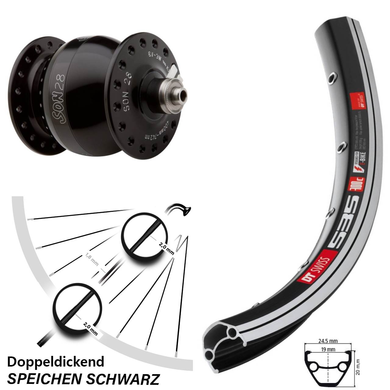 SON 28 DT Swiss 535 26 Zoll Nabendynamovorderrad QR
