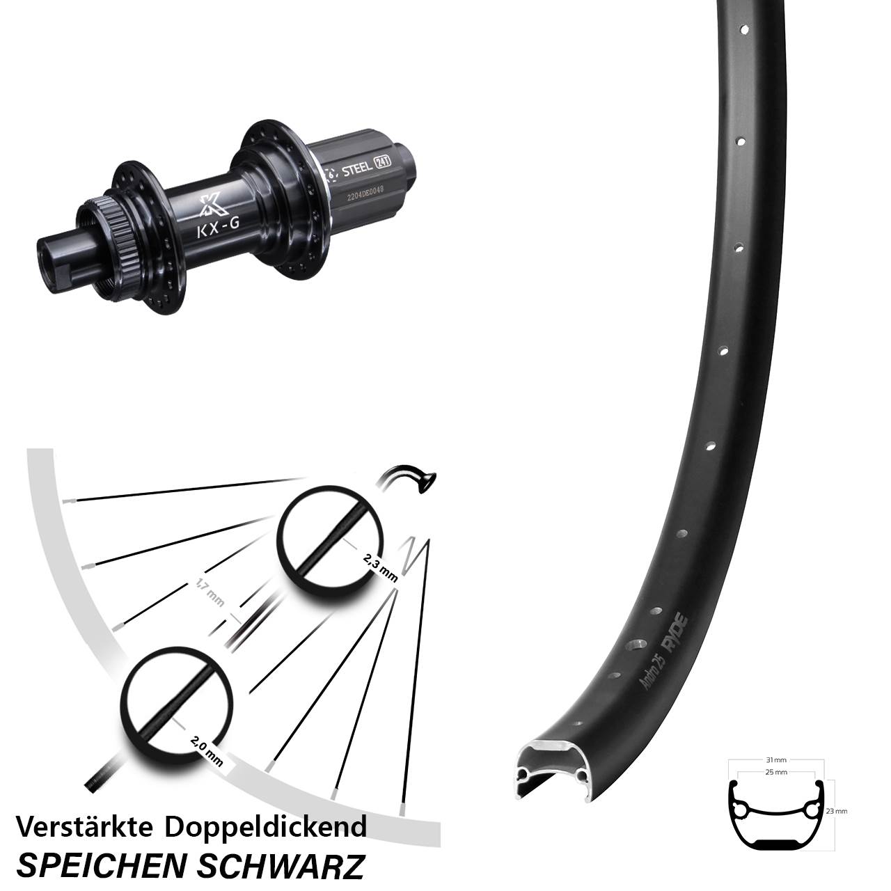 29 Zoll Ryde Andra 25 KX-GS verstärkt Hinterrad Centerlock 12x142 8-12 fach