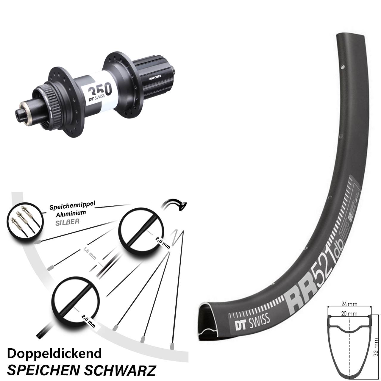 Hinterrad 28 Zoll RR 521 DT Swiss 350 Road Disc 5x135 mm 8-12-Fach HG
