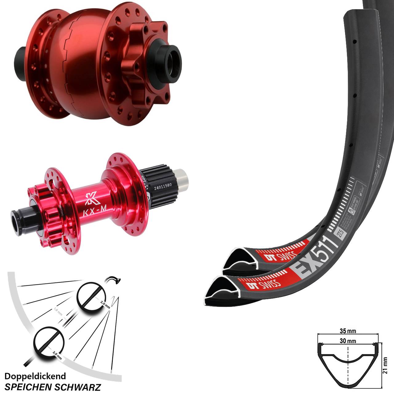 29 Zoll DT Swiss EX511 KX-M rot SON 28 Micro Spline Disc Laufradsatz 15x100/142