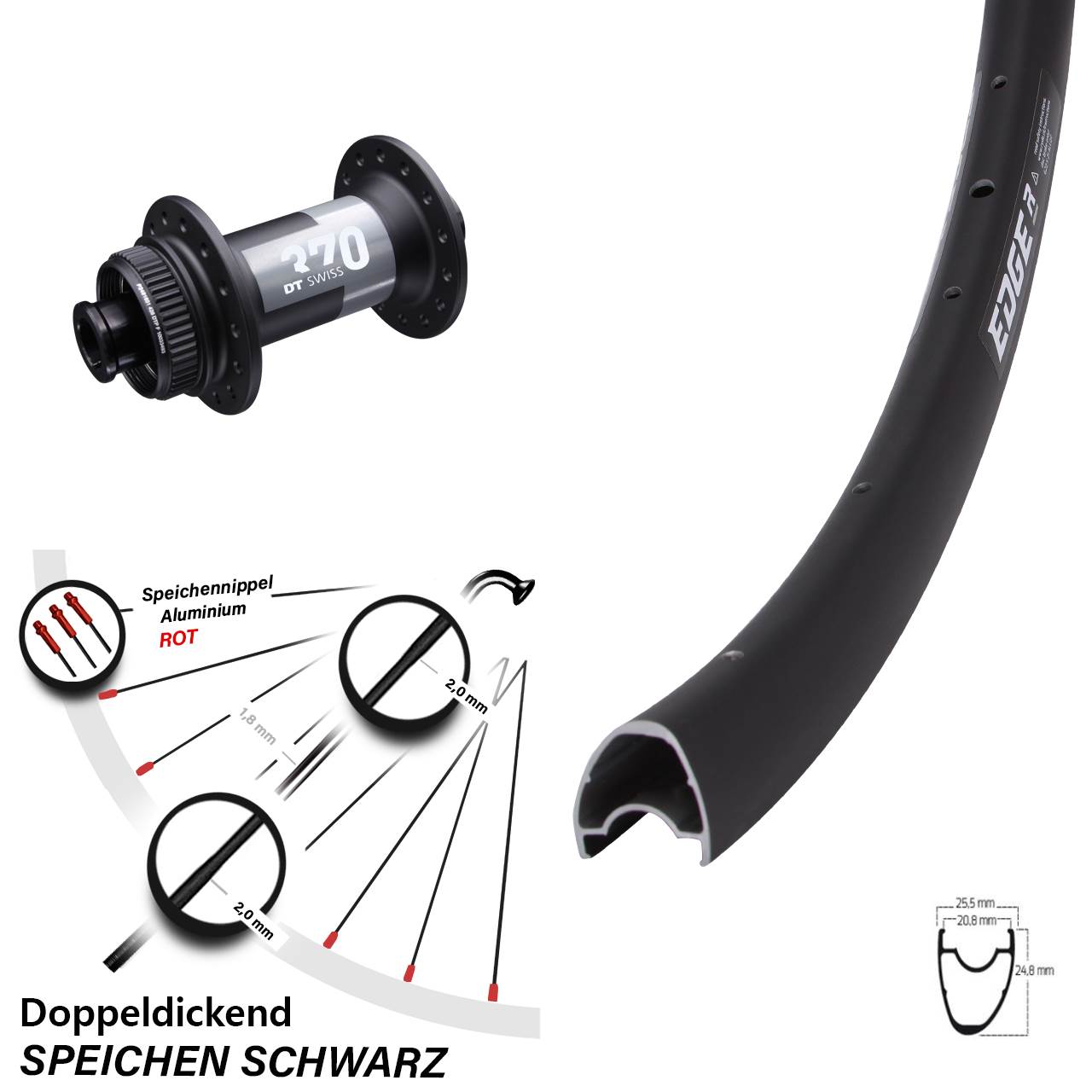 28 Zoll Ryde Edge R25 Offset DT Swiss 370 Vorderrad Centerlock 15x100