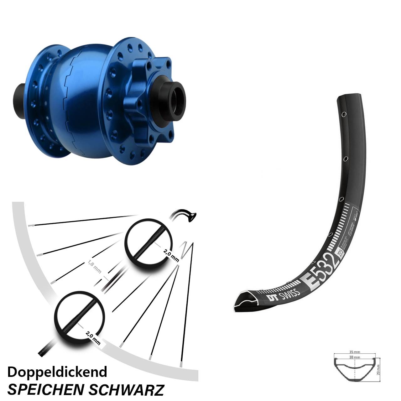 6-Loch Dynamo-Vorderrad 29 Zoll DT Swiss E 532 SON 28 blau 15x100