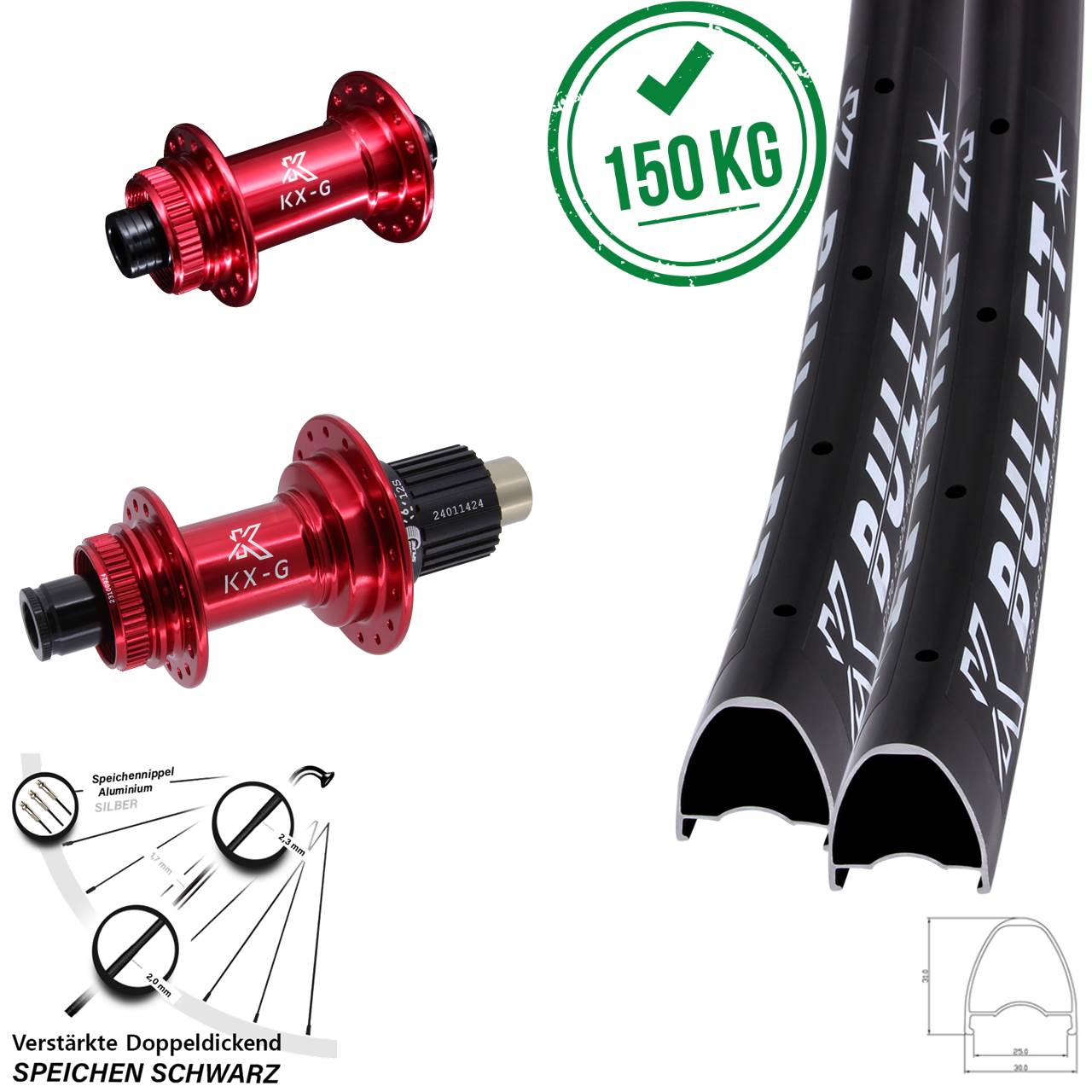 29 Zoll KX-G Bullet rot Disc Laufrad-Satz 12x100/142 Shimano Micro Spline