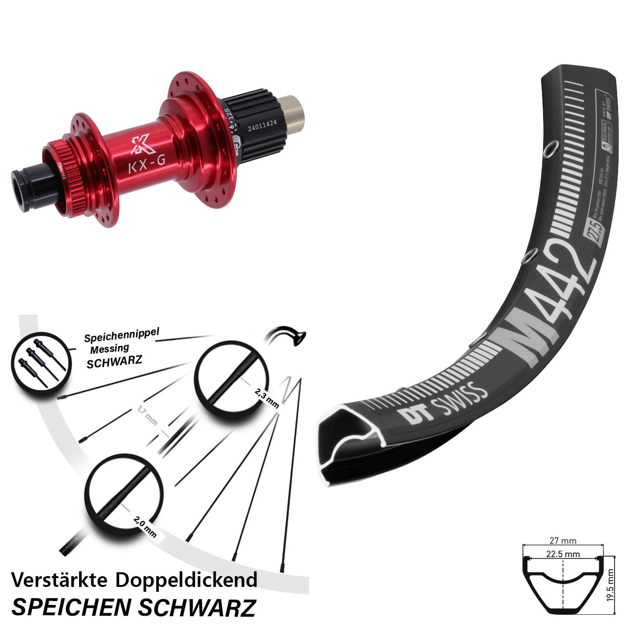 Hinterrad Centerlock 12x142 28-29 Zoll DT Swiss M442 KX-G rot Shimano Micro Spline