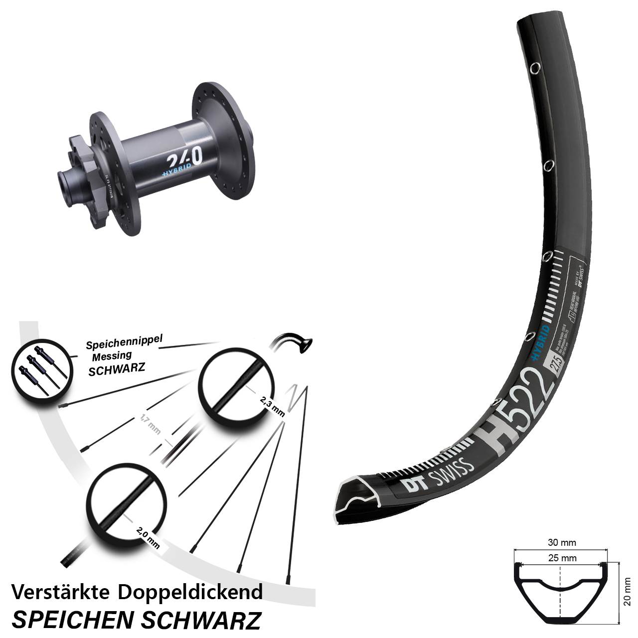 29 Zoll Vorderrad H 522 DT Swiss 240 Hybrid Boost 15x110 mm 6-Loch verstärkt E-Bike