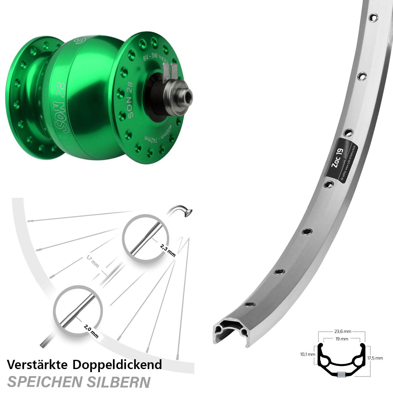 26 Zoll Ryde Zac 19 SON 28 grün Nabendynamovorderrad für Schnellspanner