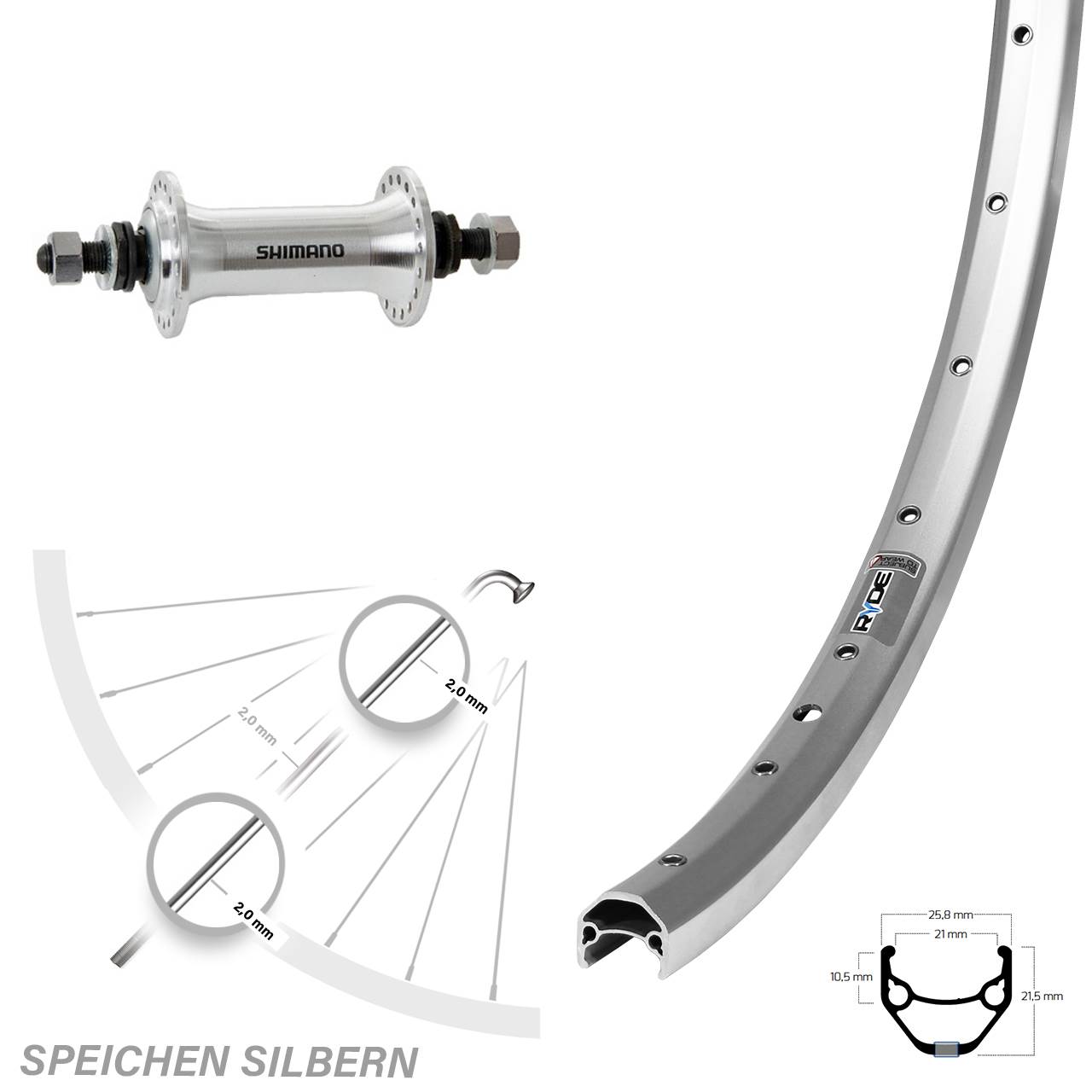Vorderrad 27,5 Zoll Ryde ZAC 421 Shimano HB-TX500 silbern